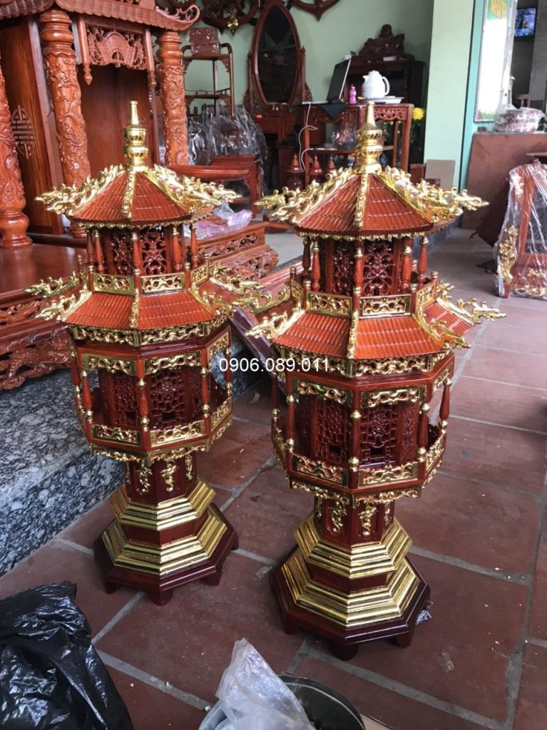 Đèn thờ gỗ hương Đồng Kỵ dát vàng 60cm ĐT-RV