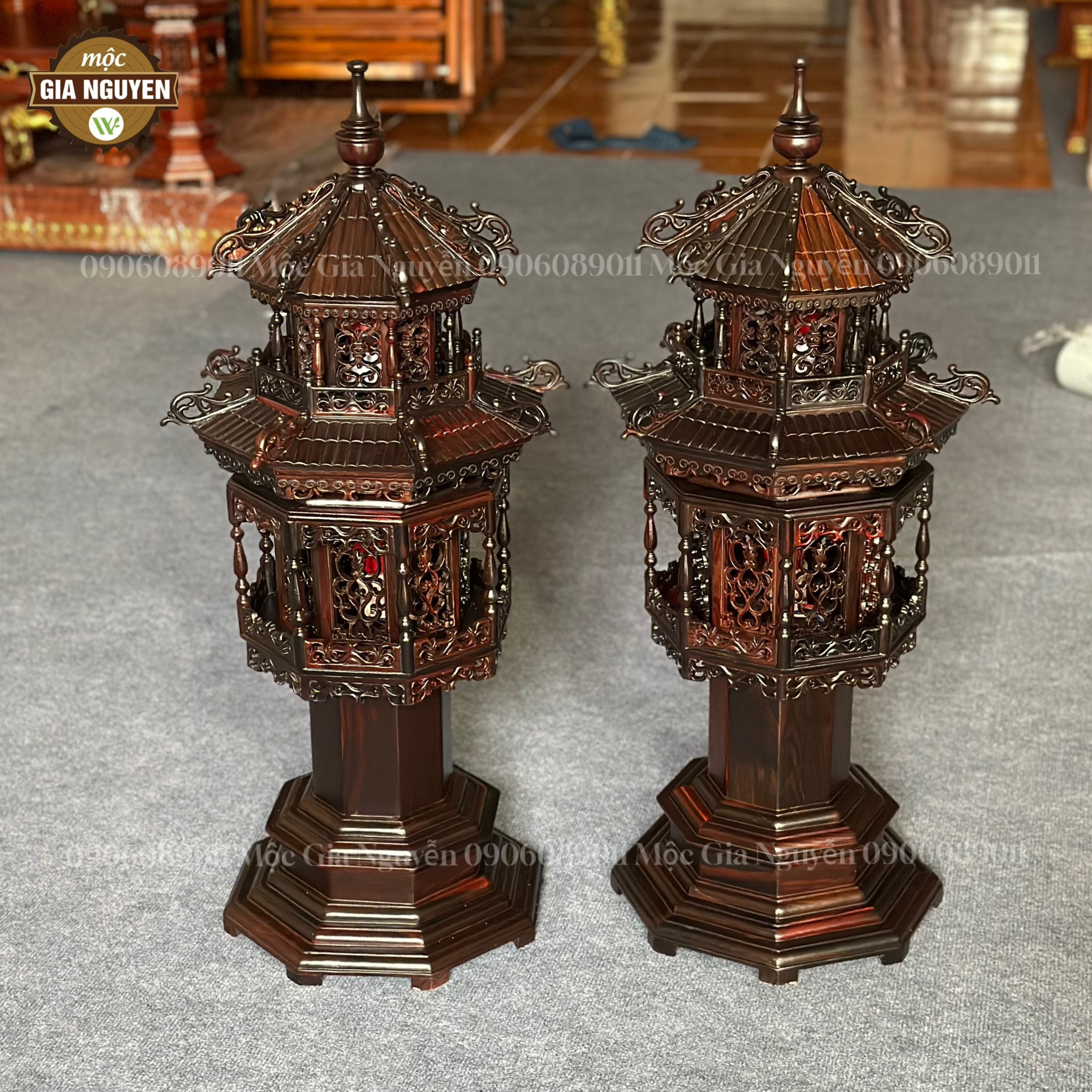 Đèn thờ 2 tầng gỗ trắc cao 60cm mái ống