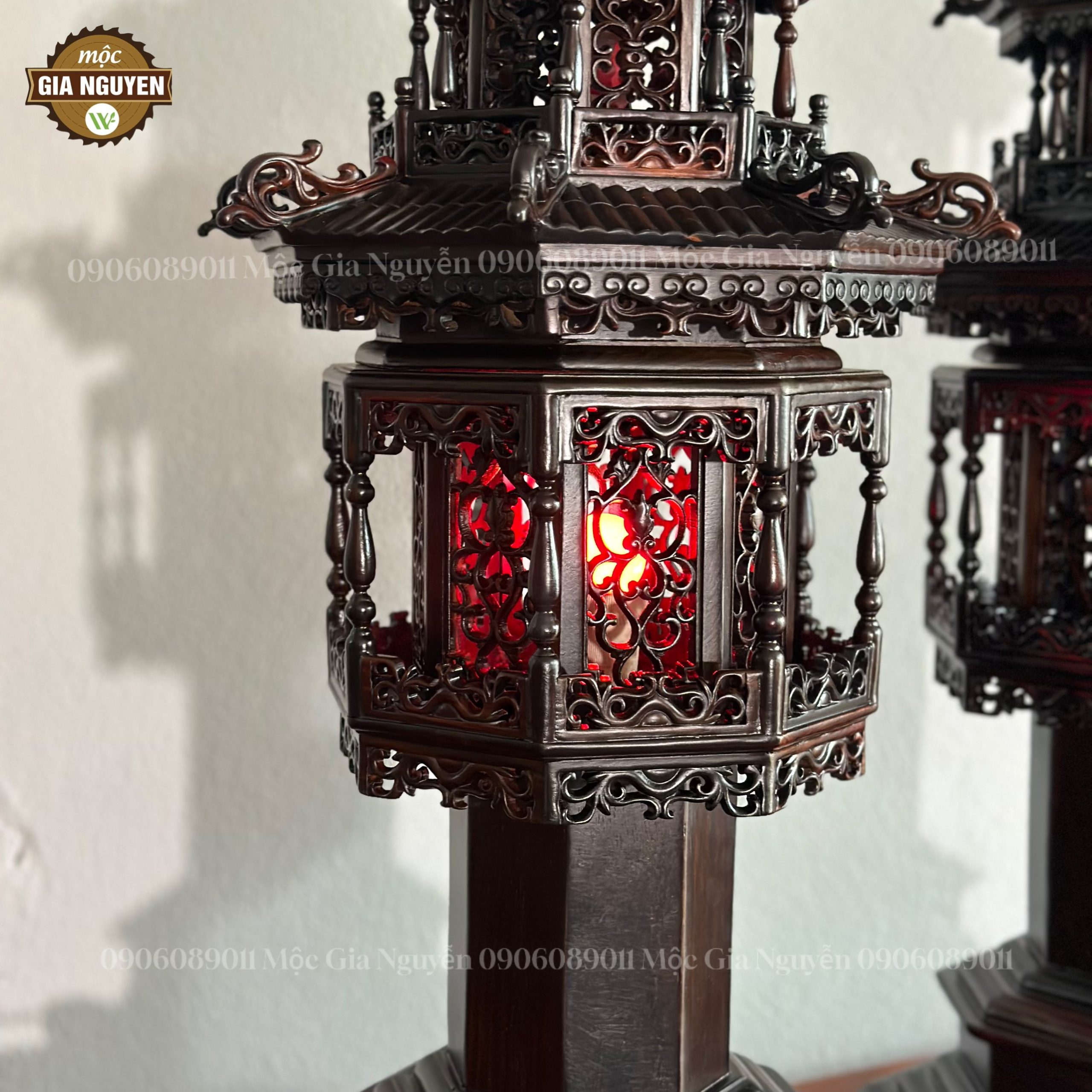 Đèn thờ gỗ trắc 2 tầng cao 1m mái ống