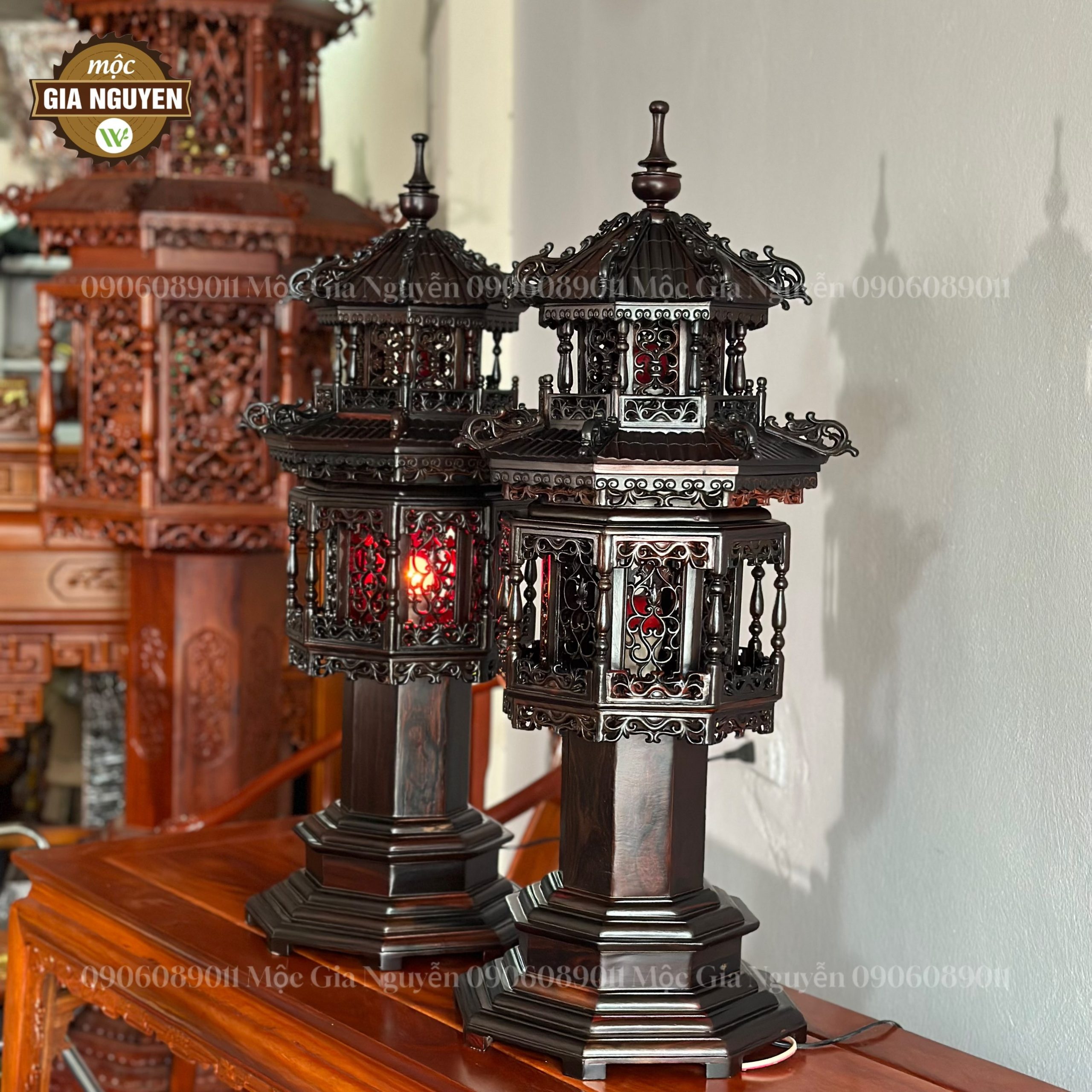 Đèn thờ gỗ trắc 2 tầng cao 1m mái ống
