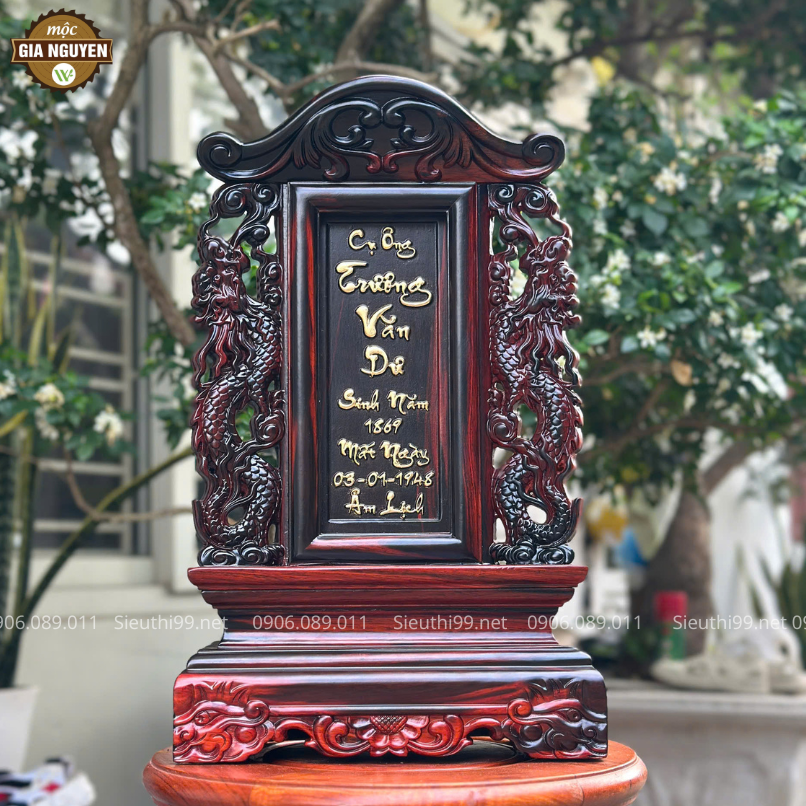 Bài Vị Gỗ Trắc Đục Chữ Thư Pháp Cao 41cm Dát Vàng Ta BH22