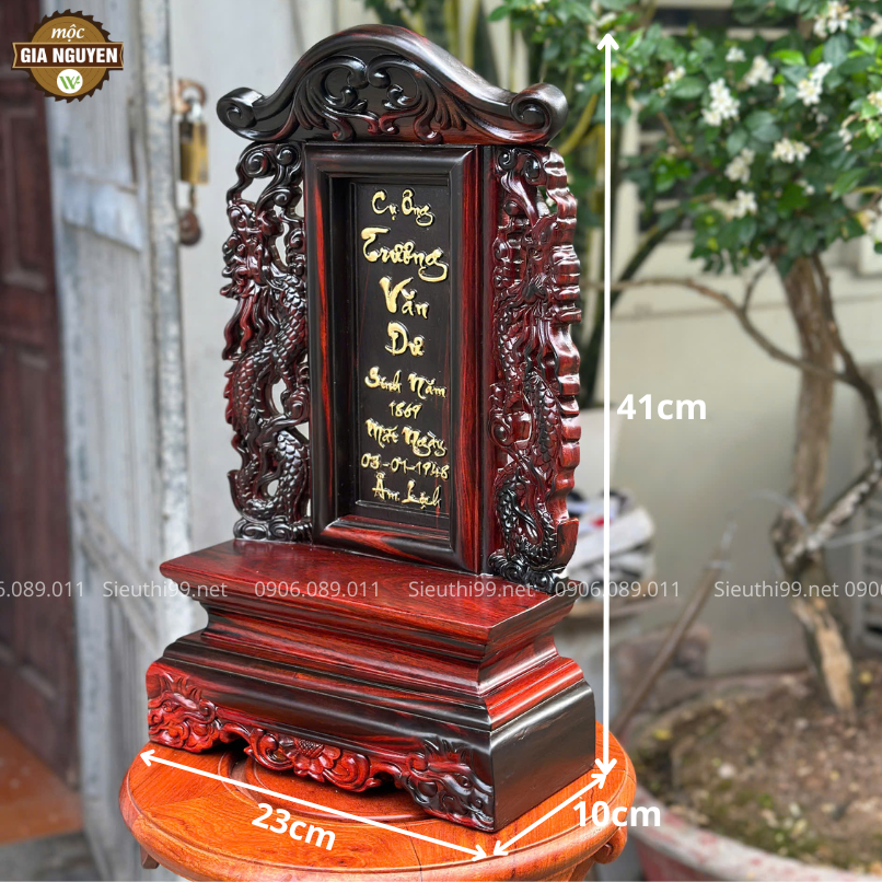 Bài Vị Gỗ Trắc Đục Chữ Thư Pháp Cao 41cm Dát Vàng Ta BH22