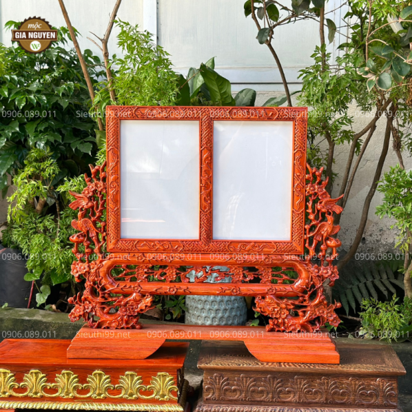 Khung Ảnh Thờ Đôi Hoa Mai Hoá Rồng Gỗ Hương BK78