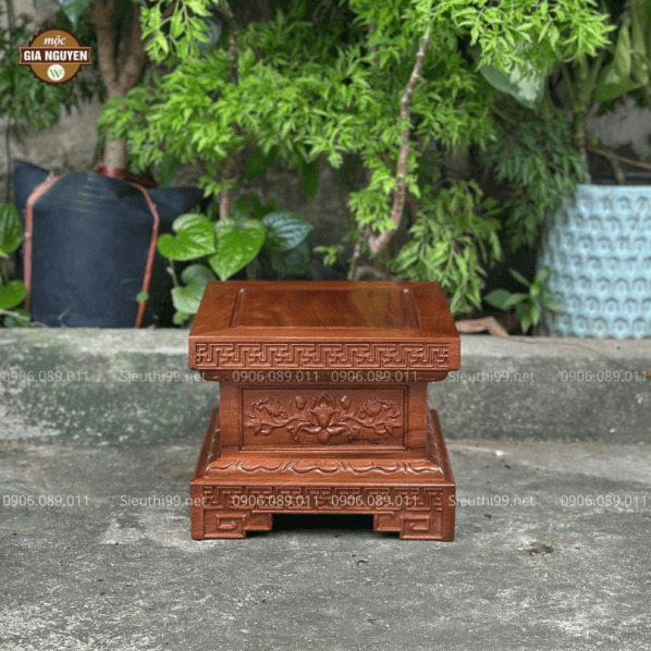 Đôn Vuông Gỗ Hương Hoa Sen Màu Óc Chó HL97