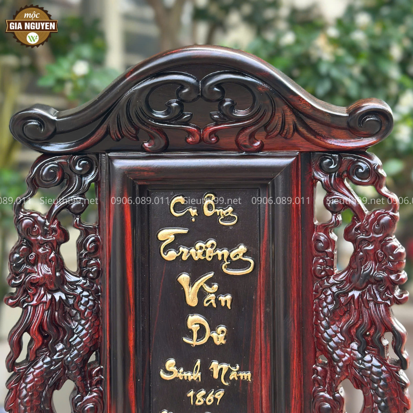 Bài Vị Gỗ Trắc Đục Chữ Thư Pháp Cao 41 Cm Dát Vàng Ta BH22 - Ảnh 4