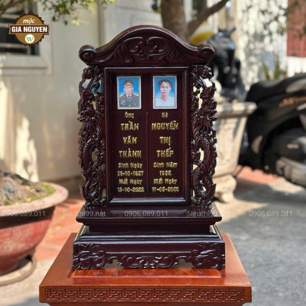 Bài vị gắn ảnh đôi Song Long gỗ hương 50cm BV61