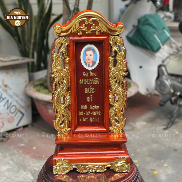 Bài Vị Gắn Ảnh Song Long Gỗ Hương Dát Vàng BV62