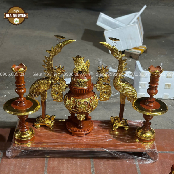 Bộ Đồ Thờ Gỗ Hương Đá Dát Vàng DT03