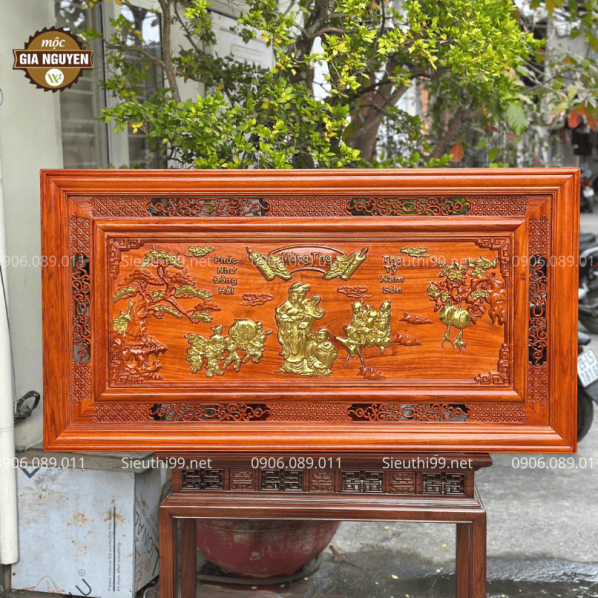 Tranh mừng thọ bà gỗ hương dát vàng 67x127cm