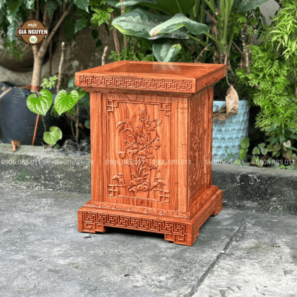 Đôn Vuông Kê Tượng Chạm Sen Cò Gỗ Hương DKT87
