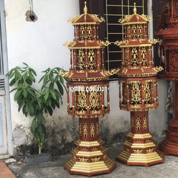 Đèn tháp 3 tầng gỗ hương Đồng Kỵ siêu cấp 2.17m dát vàng