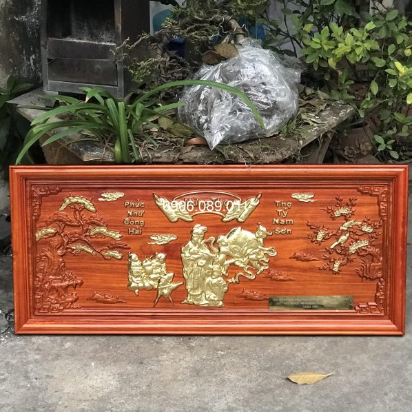 Tranh mừng thọ bà gỗ hương dát vàng 47x107cm
