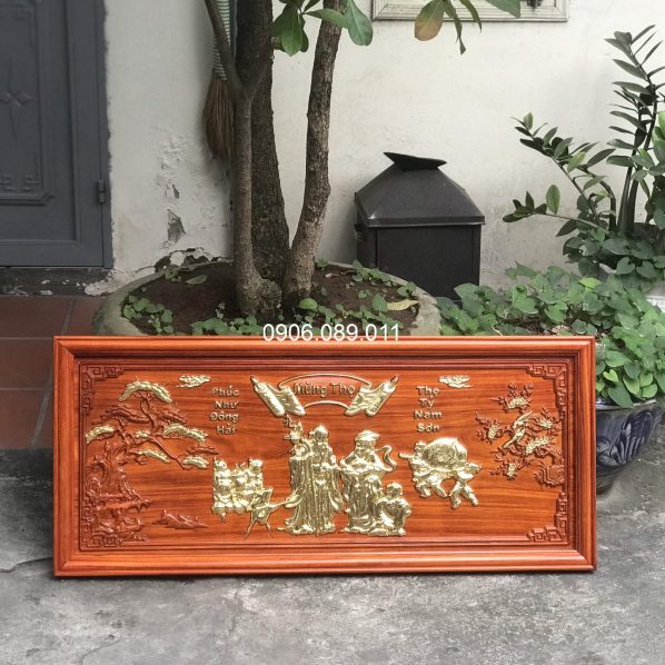 Tranh mừng thọ ông bà gỗ hương dát vàng 47x107cm