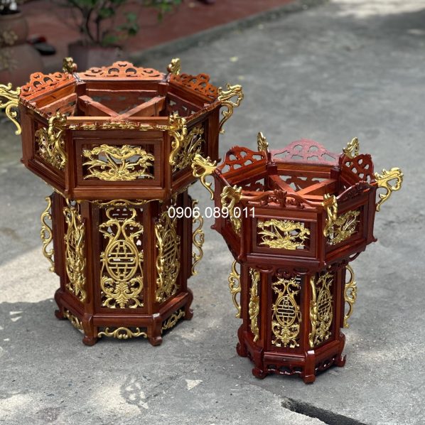 Đèn thờ kéo quân gỗ hương Đồng Kỵ dát vàng cao 45cm