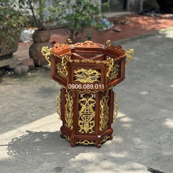 Đèn thờ kéo quân gỗ hương Đồng Kỵ dát vàng cao 55cm