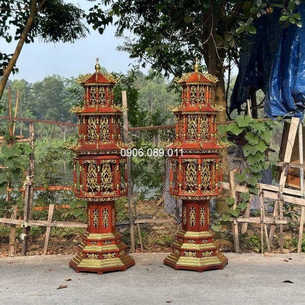 Đèn thờ 3 tầng dát vàng gỗ hương Đồng Kỵ cao 2m17