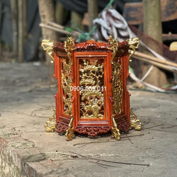 Đèn thờ gỗ hương tứ quý dát vàng cao 43cm