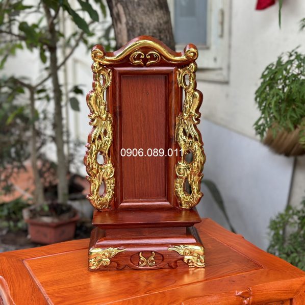 Bài vị gia tiên Song Long gỗ hương dát vàng cao 48cm