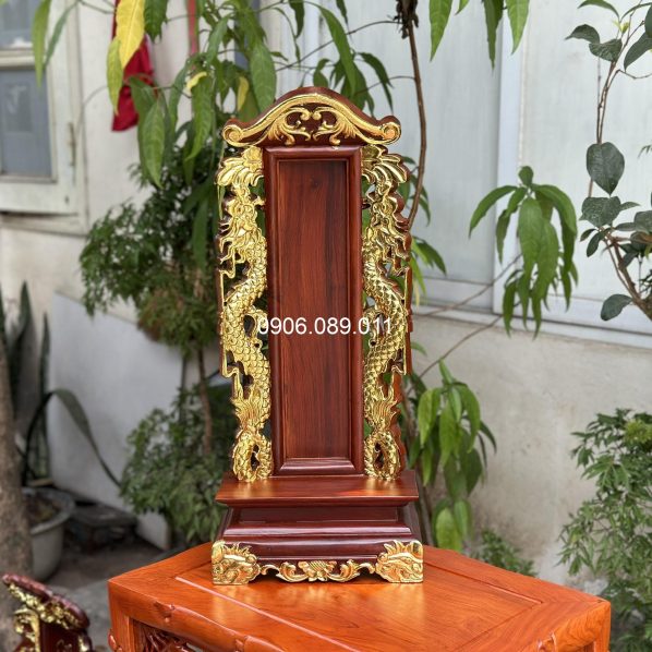 Bài vị song long gỗ hương dát vàng cao 58cm