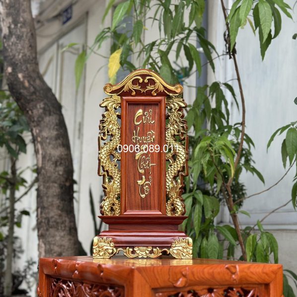 Bài vị gia tiên gỗ hương song long dát vàng 48cm