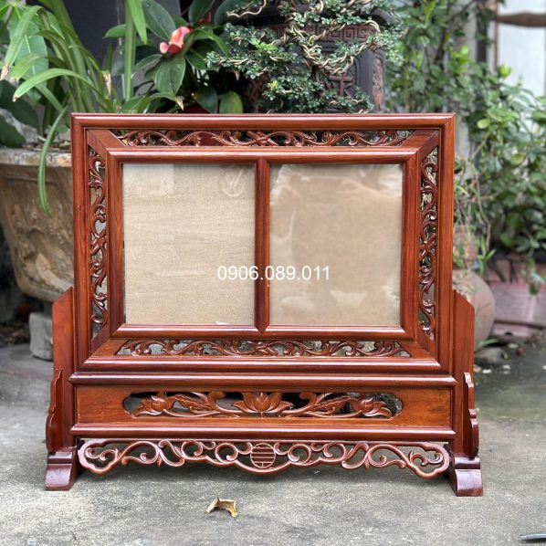 Khung ảnh thờ đôi hoa lá tây gỗ hương cao cấp 18x24cm