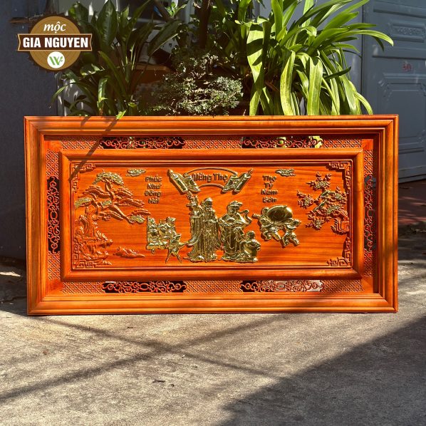 Tranh mừng thọ ông bà dát vàng gỗ hương 67x127cm