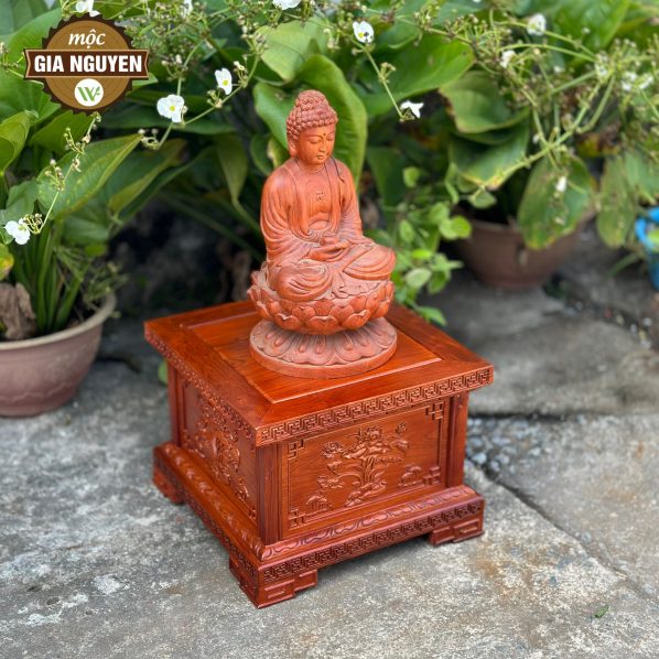 Đôn vuông chạm sen gỗ hương 30cm