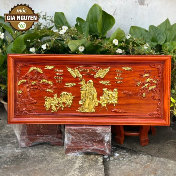 Tranh mừng thọ ông gỗ hương dát vàng 47x107cm