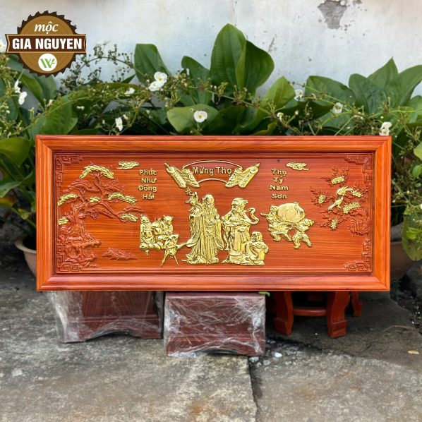 Tranh mừng thọ ông bà gỗ hương dát vàng 47x107cm