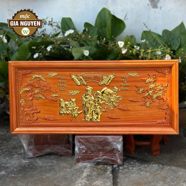 Tranh mừng thọ bà gỗ hương dát vàng 47x107cm