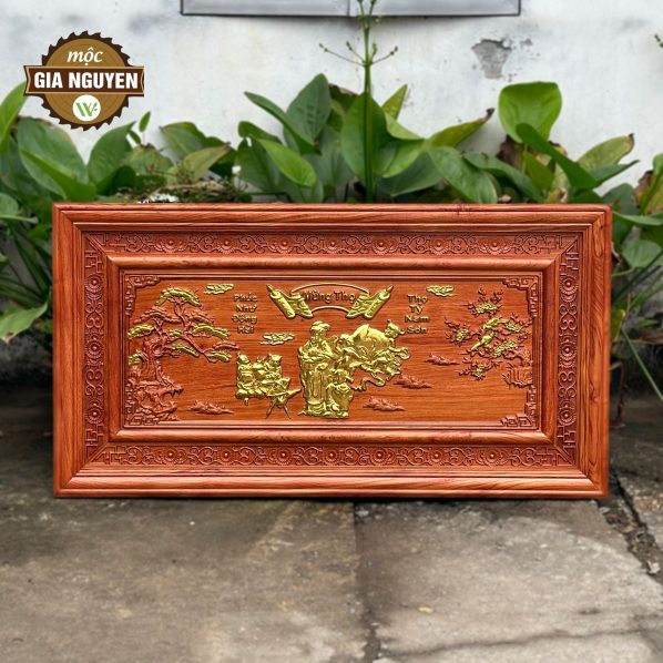 Tranh mừng thọ bà gỗ hương đá dát vàng cao cấp 67x127cm