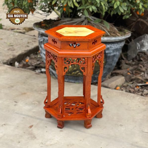 Đôn lục giác mặt đá gỗ hương 60cm