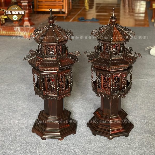 Đèn thờ 2 tầng gỗ trắc cao 60cm mái ống