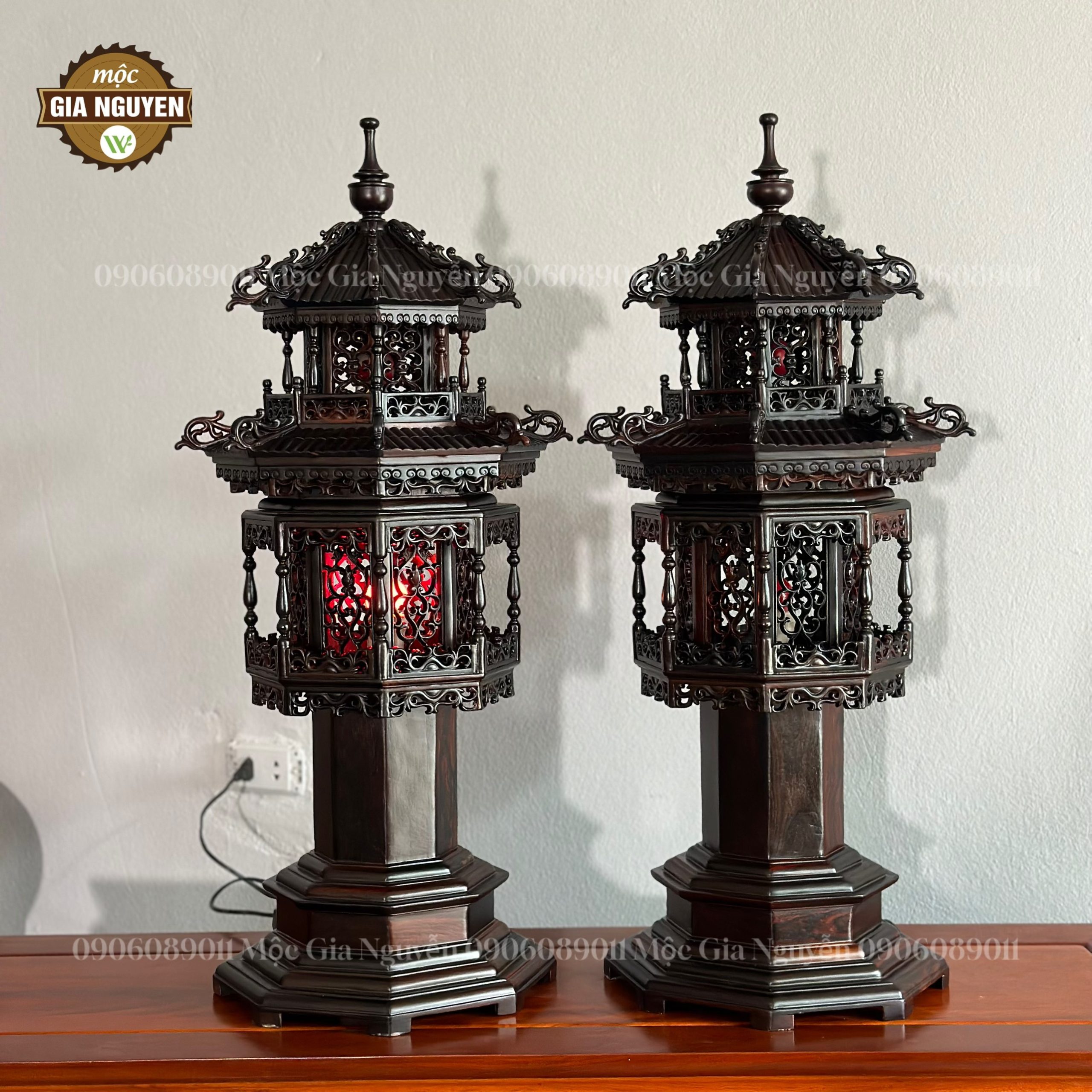 Đèn thờ gỗ trắc 2 tầng cao 1m mái ống