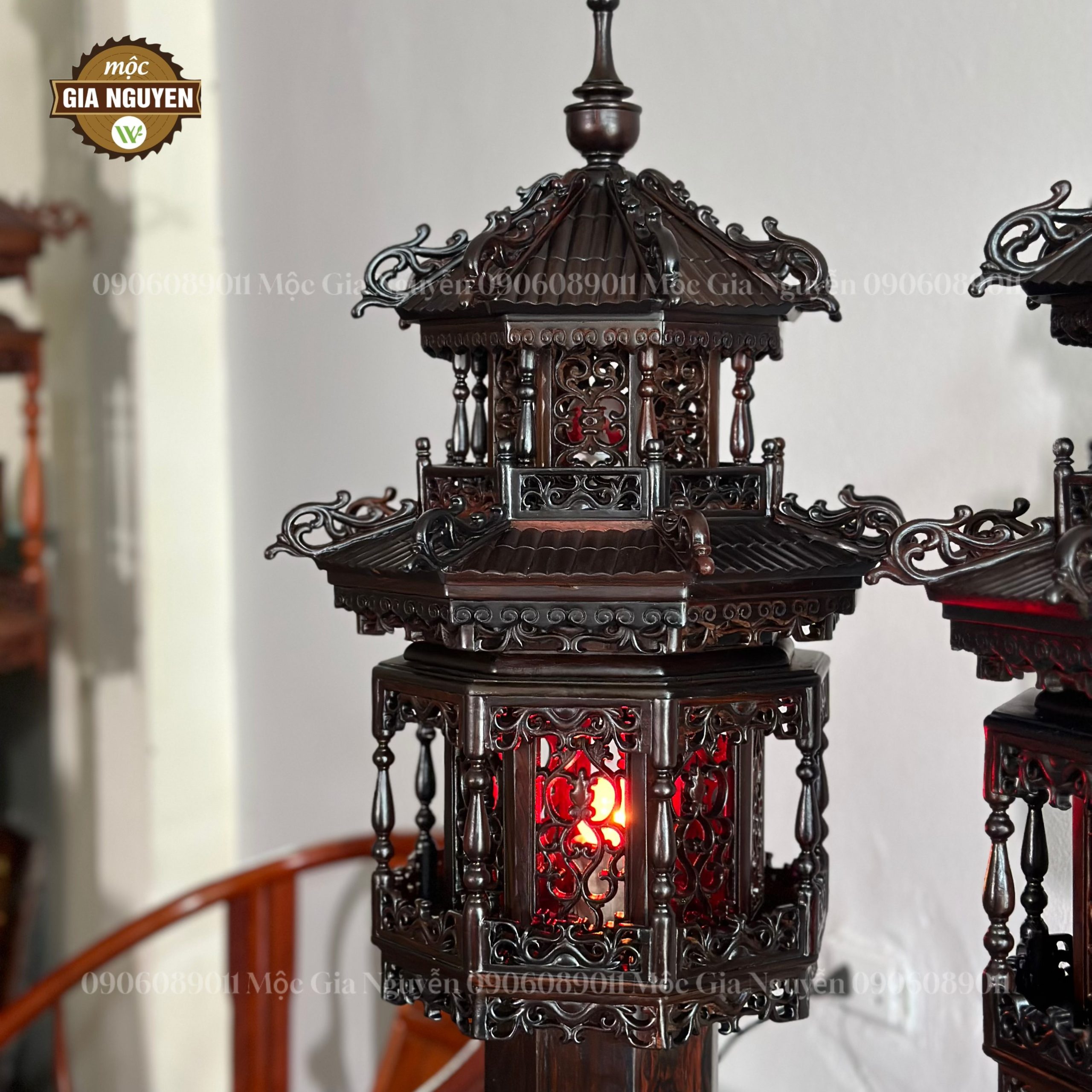 Đèn thờ gỗ trắc 2 tầng cao 1m mái ống - Ảnh 5